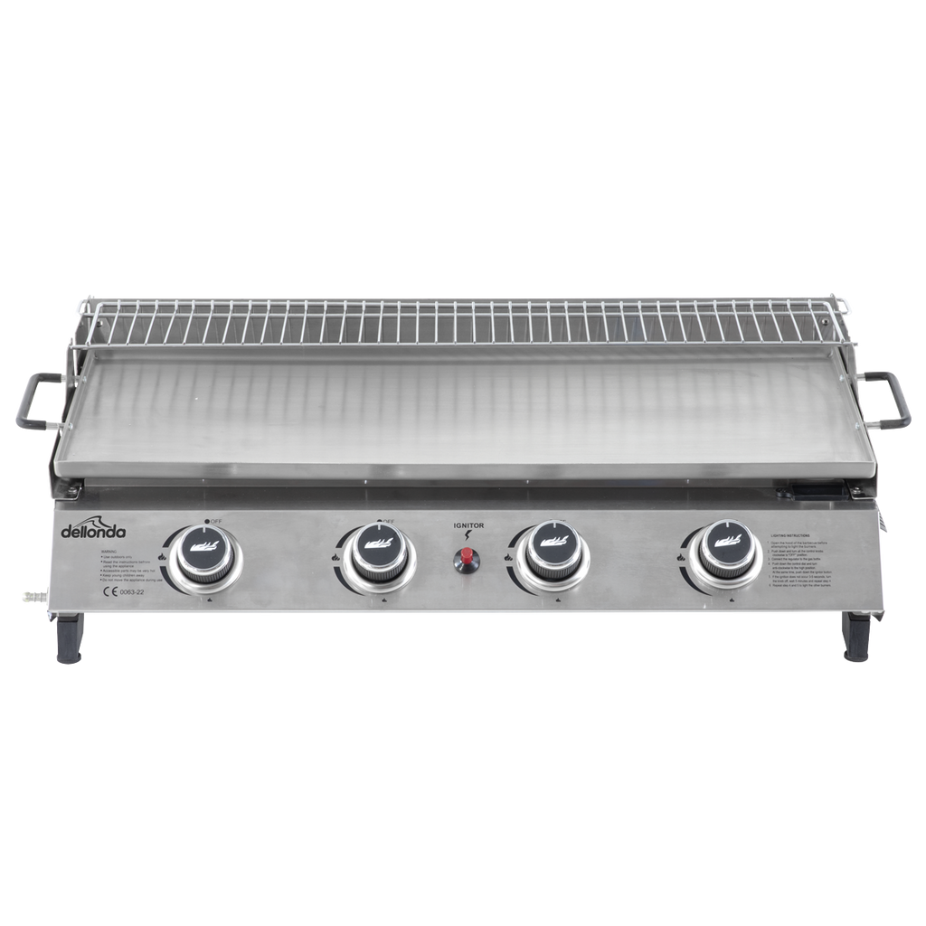 Dellonda 4 Burner Stainless Steel Portable Gas Plancha with Warming Rack 10kW