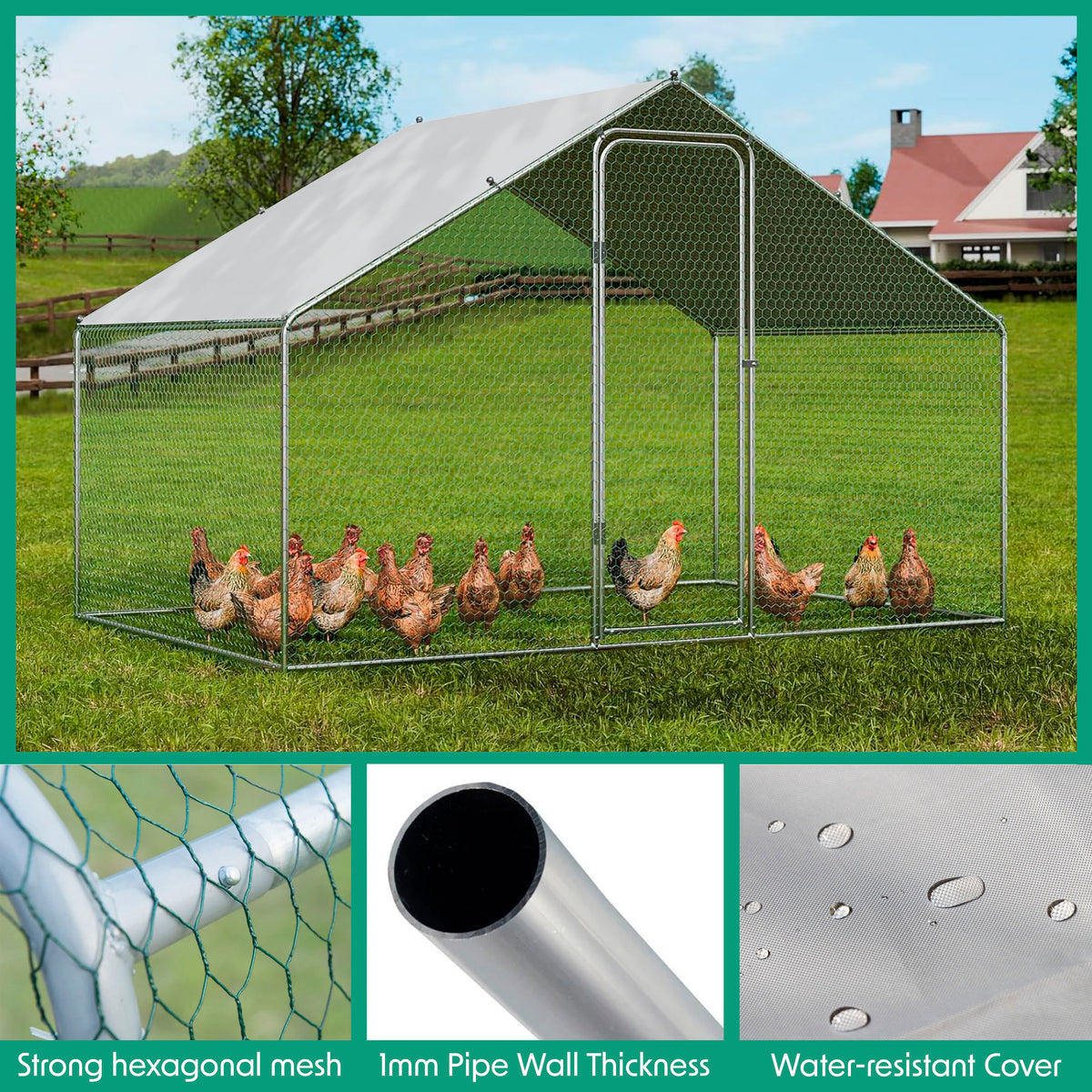 Dellonda Walk-In Galvanized Chicken Run with Roof Cover, 3x2x2m (DG278)