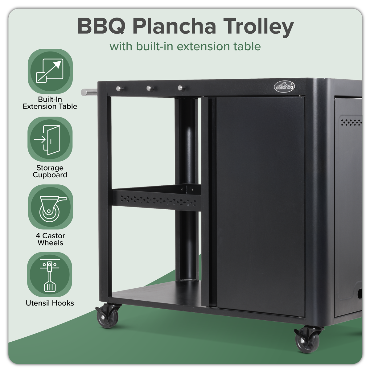 Dellonda BBQ/Plancha Trolley with Cupboard & Utensil Hooks, Black (DG282)