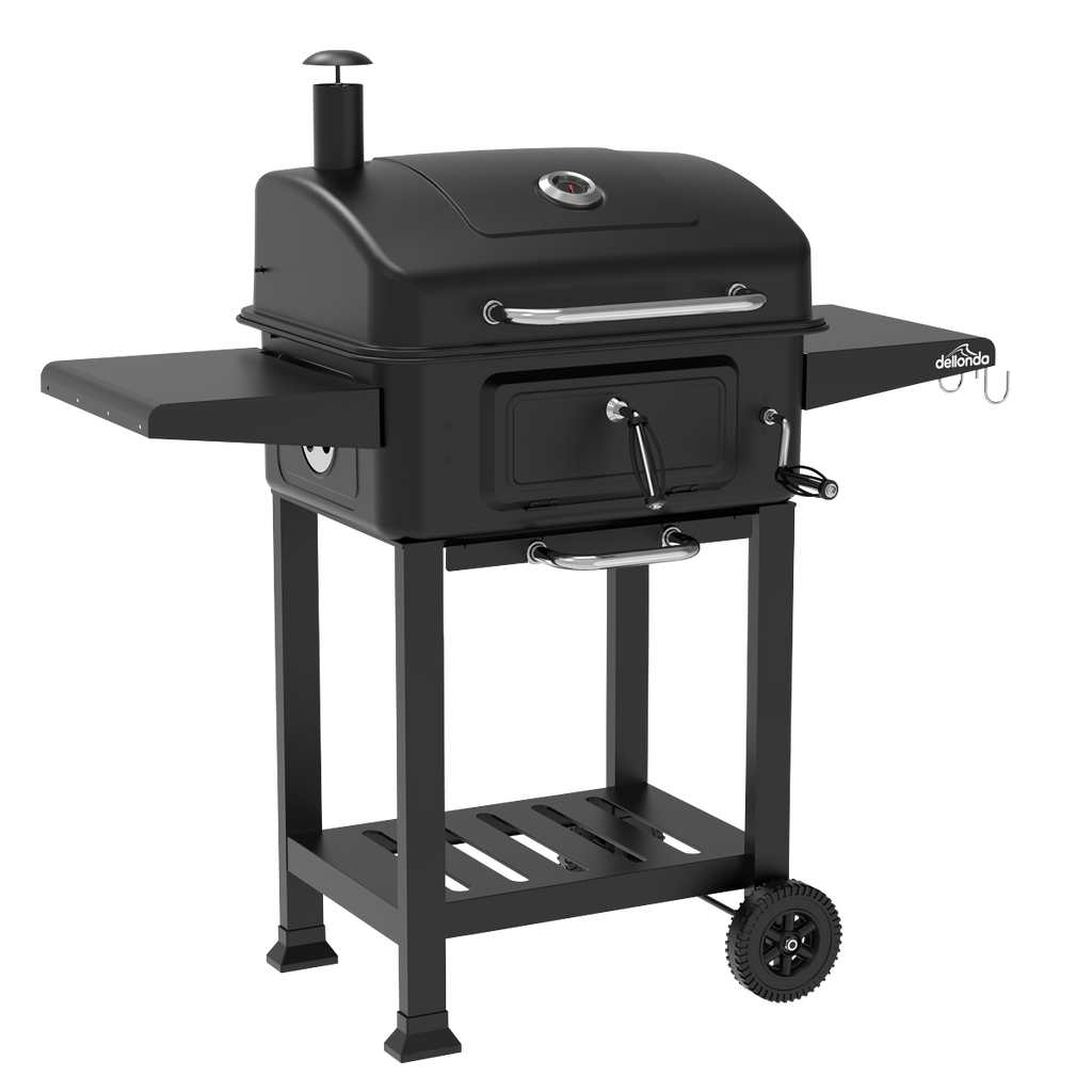Dellonda Charcoal Grill BBQ Smoker & Trolley with 2 Side Shelves - Black