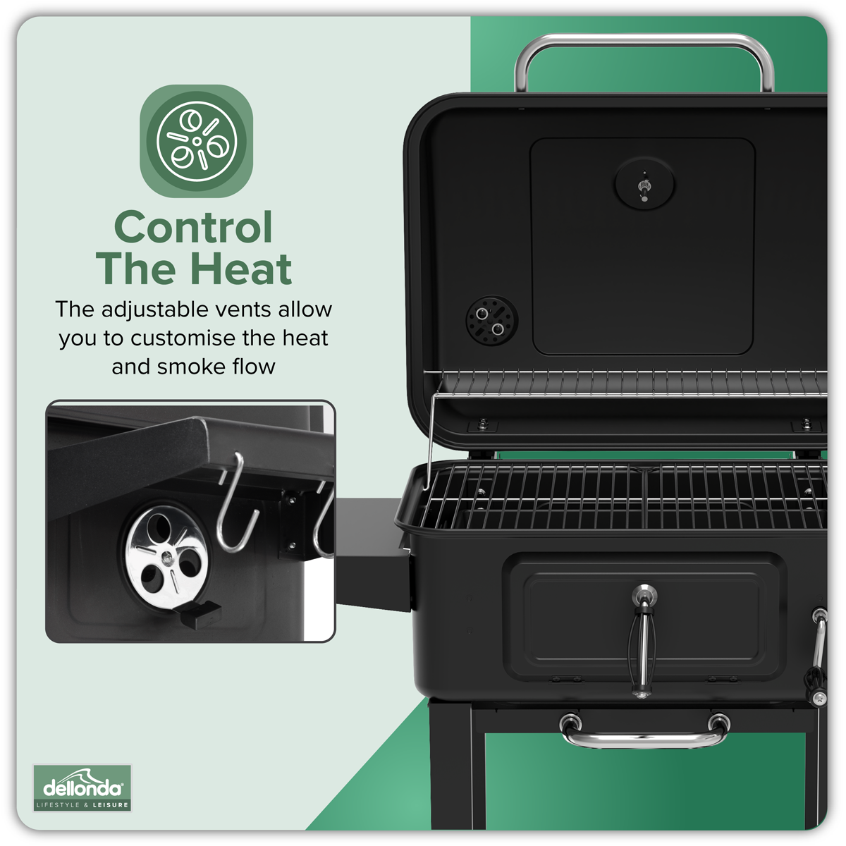 Dellonda Charcoal Grill BBQ Smoker & Trolley with 2 Side Shelves - Black