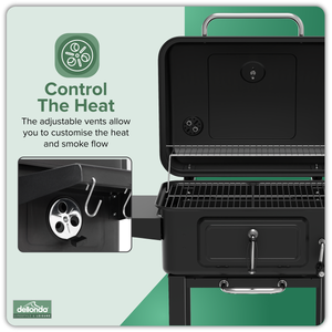 Dellonda Charcoal Grill BBQ Smoker & Trolley with 2 Side Shelves - Black