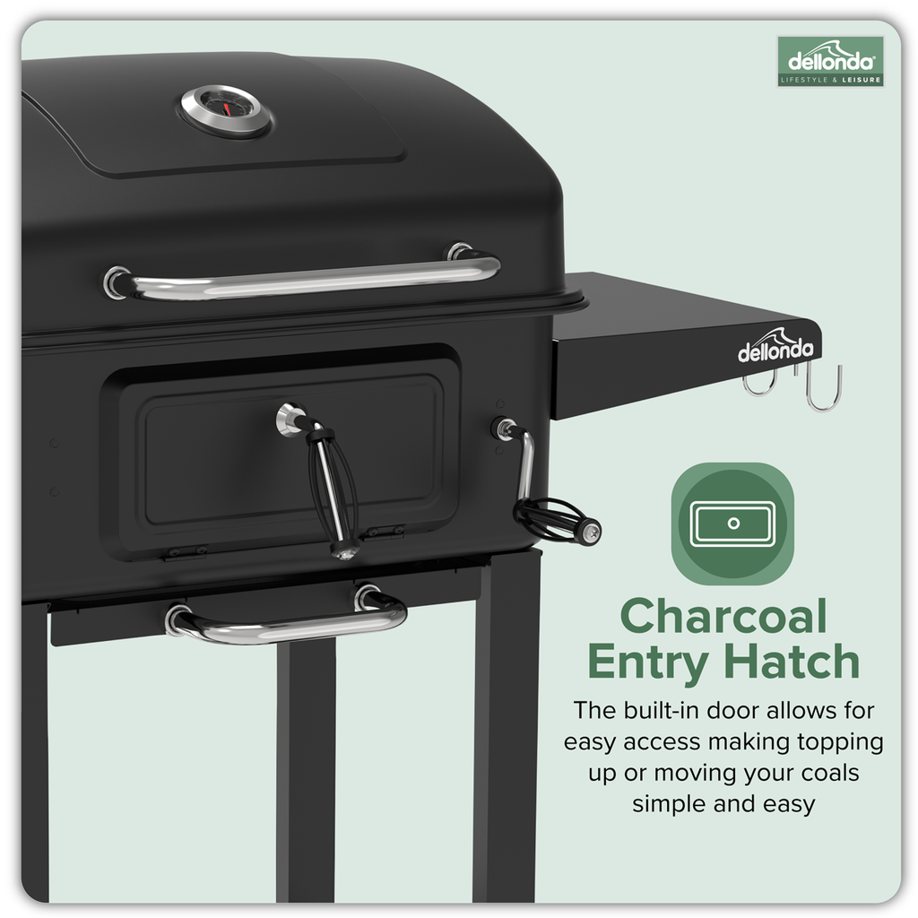 Dellonda Charcoal Grill BBQ Smoker & Trolley with 2 Side Shelves - Black