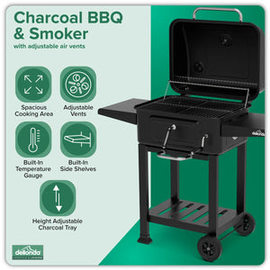 Dellonda Charcoal Grill BBQ Smoker & Trolley with 2 Side Shelves - Black