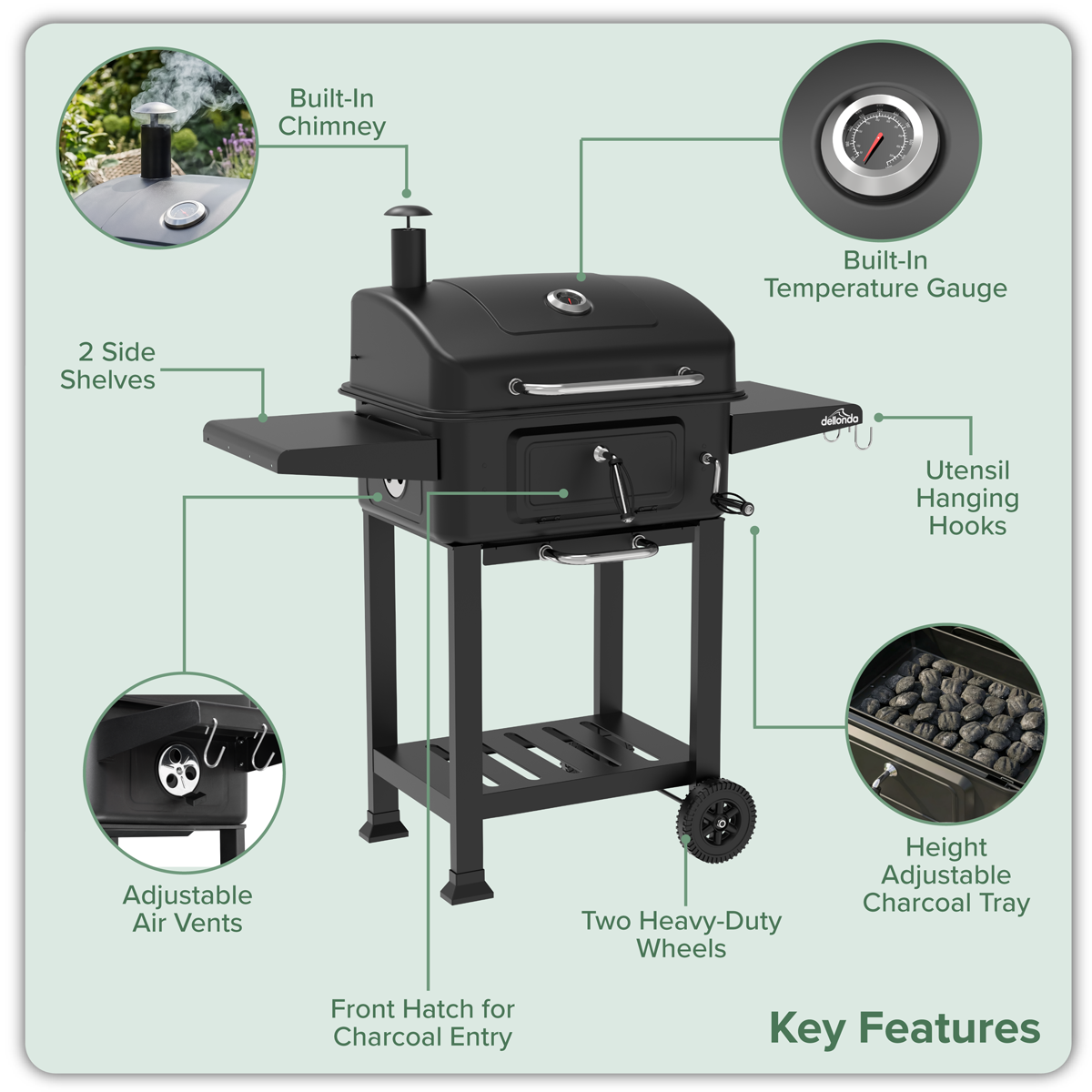 Dellonda Charcoal Grill BBQ Smoker & Trolley with 2 Side Shelves - Black