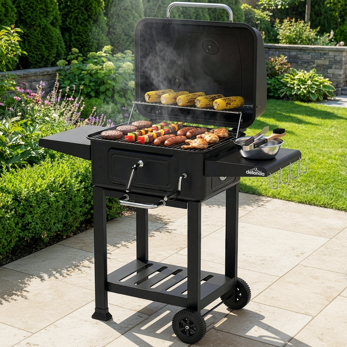 Dellonda Charcoal Grill BBQ Smoker & Trolley with 2 Side Shelves - Black