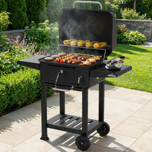 Dellonda Charcoal Grill BBQ Smoker & Trolley with 2 Side Shelves - Black