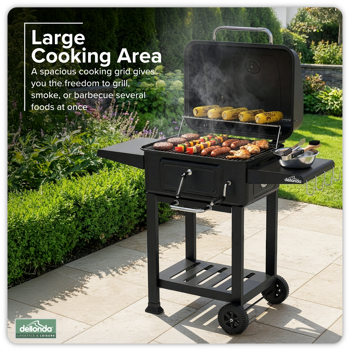 Dellonda Charcoal Grill BBQ Smoker & Trolley with 2 Side Shelves - Black