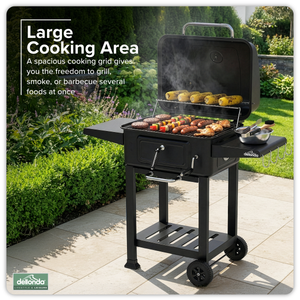 Dellonda Charcoal Grill BBQ Smoker & Trolley with 2 Side Shelves - Black