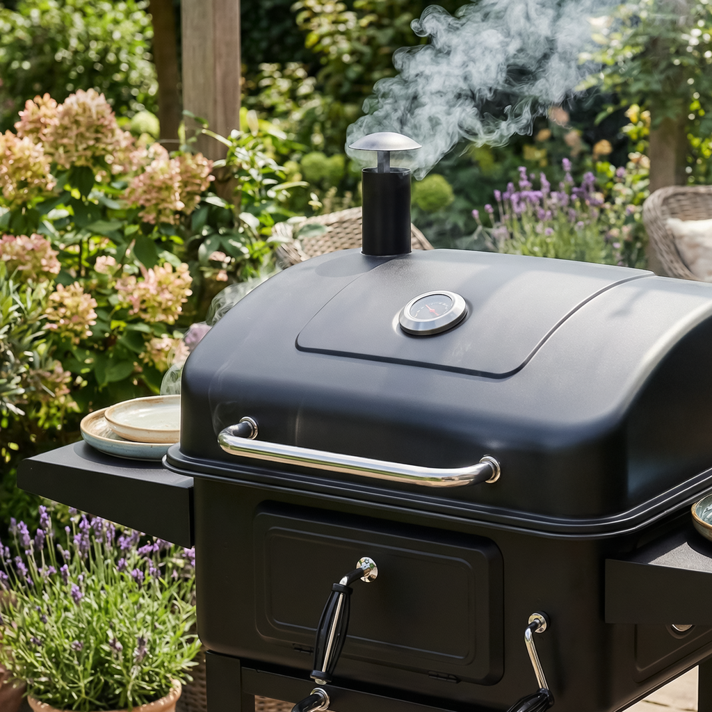 Dellonda Charcoal Grill BBQ Smoker & Trolley with 2 Side Shelves - Black