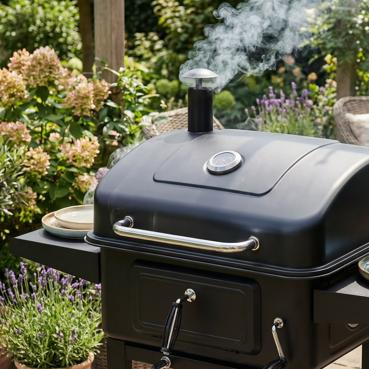 Dellonda Charcoal Grill BBQ Smoker & Trolley with 2 Side Shelves - Black