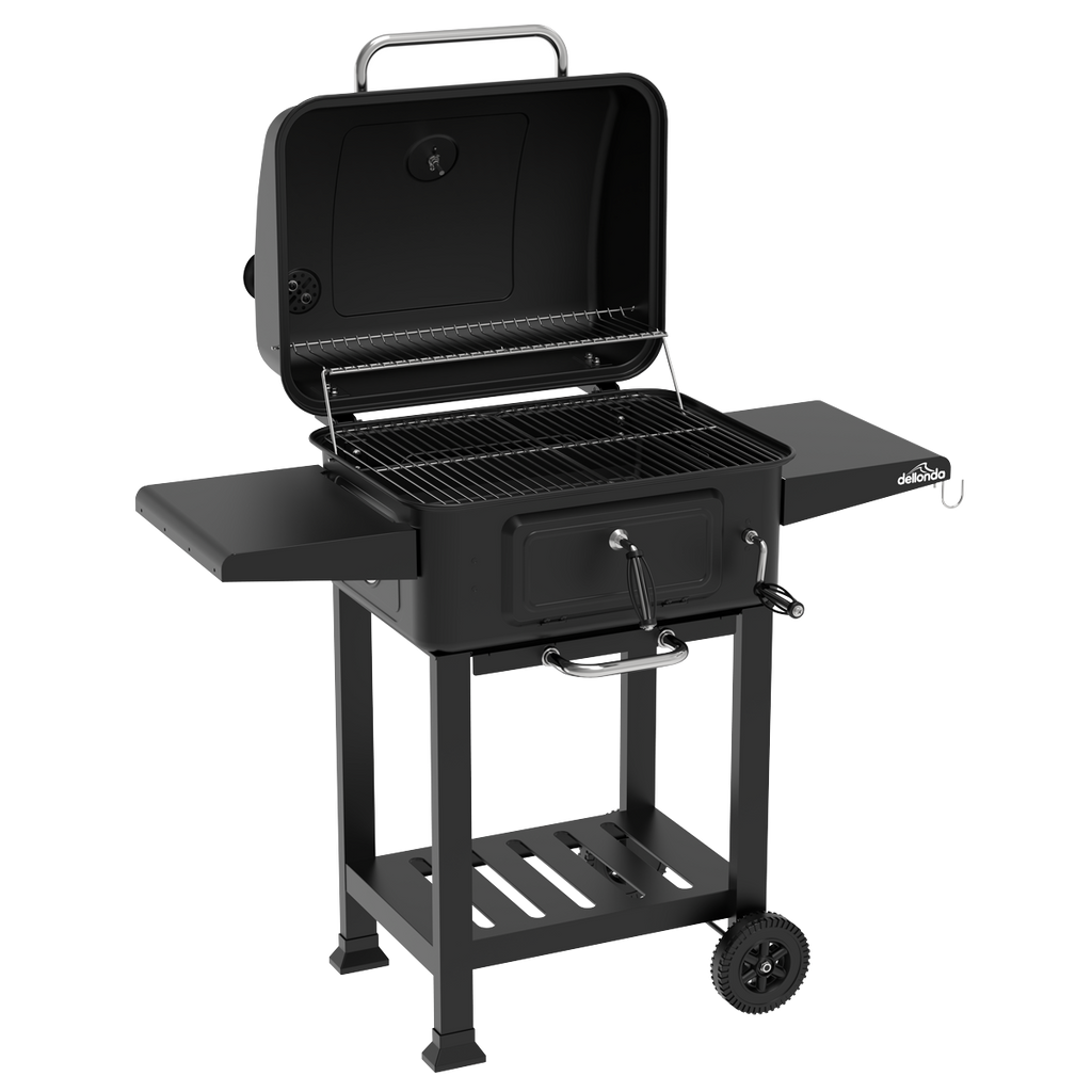 Dellonda Charcoal Grill BBQ Smoker & Trolley with 2 Side Shelves - Black