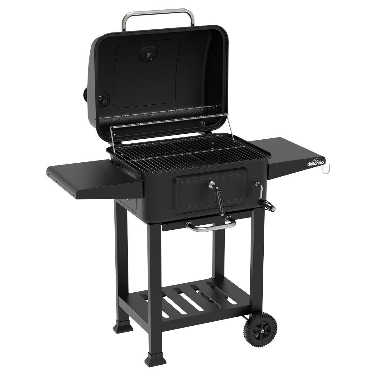 Dellonda Charcoal Grill BBQ Smoker & Trolley with 2 Side Shelves - Black