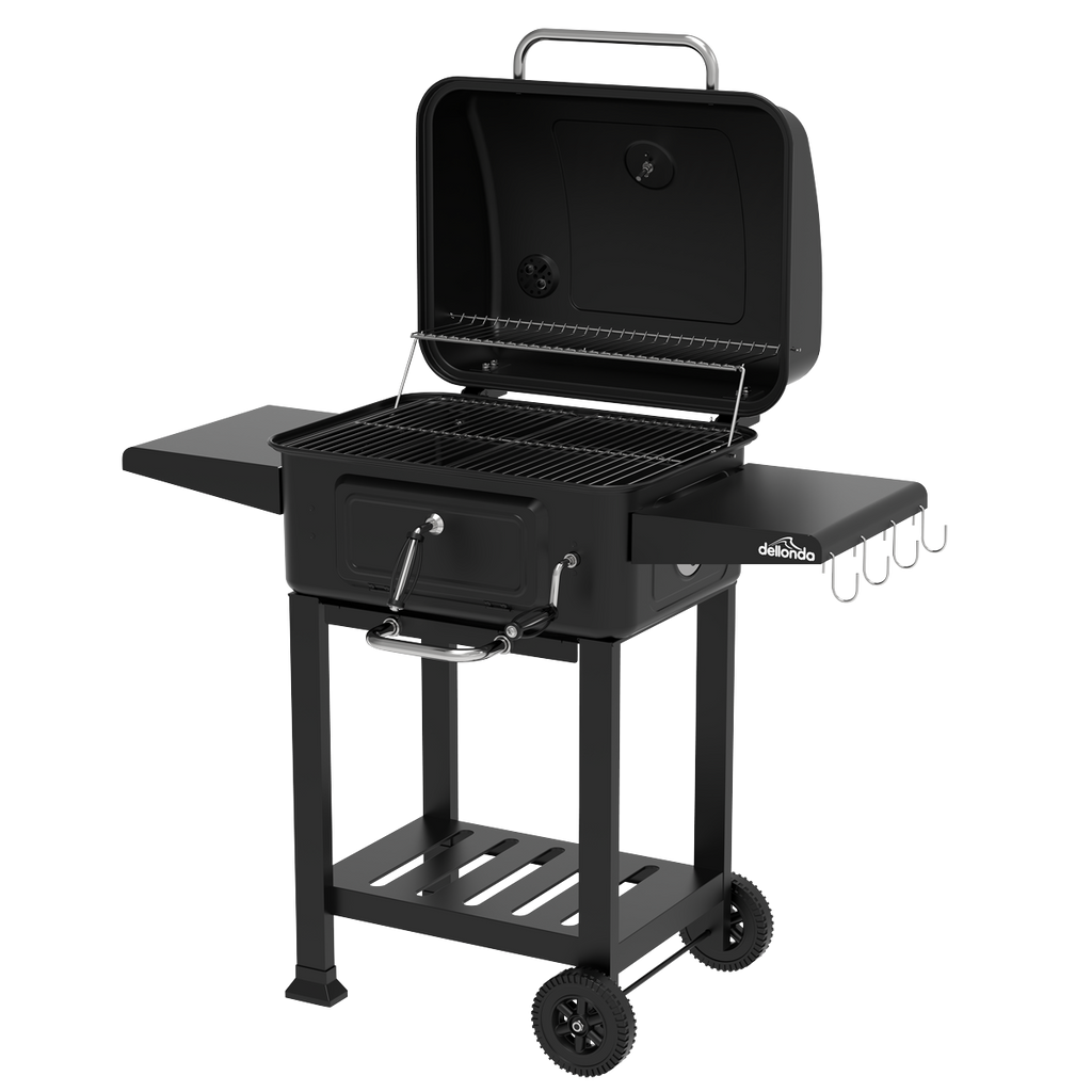 Dellonda Charcoal Grill BBQ Smoker & Trolley with 2 Side Shelves - Black