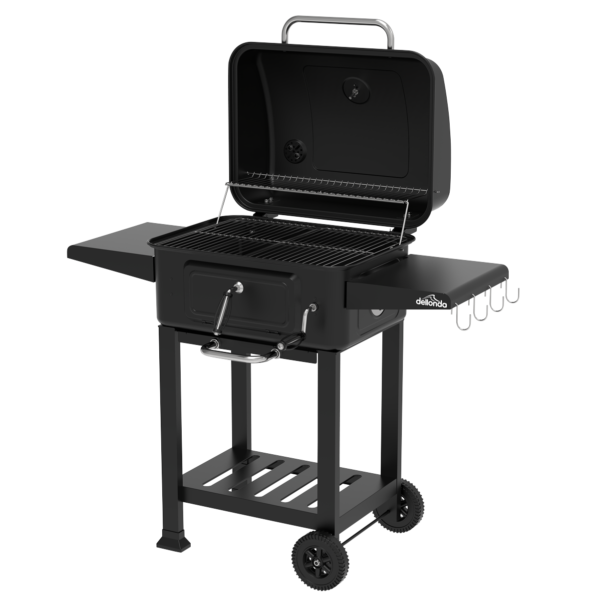 Dellonda Charcoal Grill BBQ Smoker & Trolley with 2 Side Shelves - Black