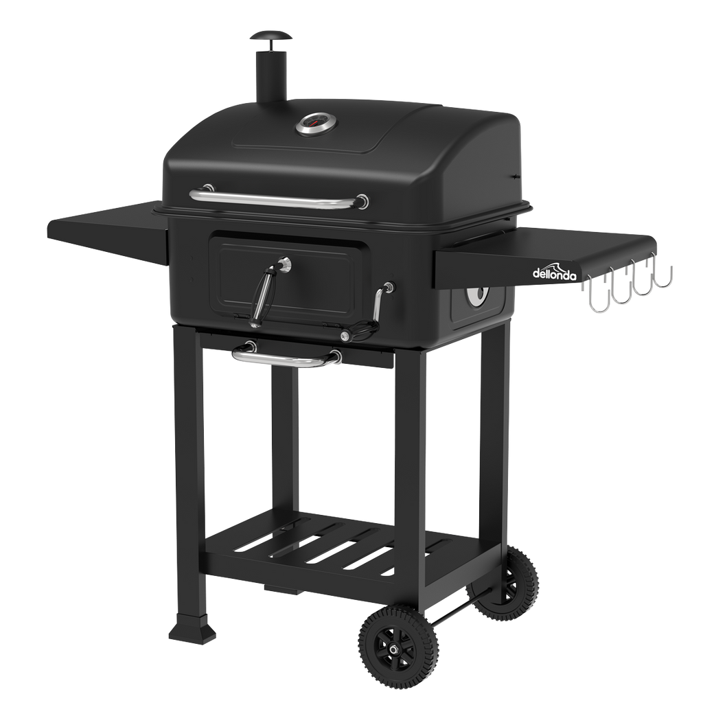 Dellonda Charcoal Grill BBQ Smoker & Trolley with 2 Side Shelves - Black