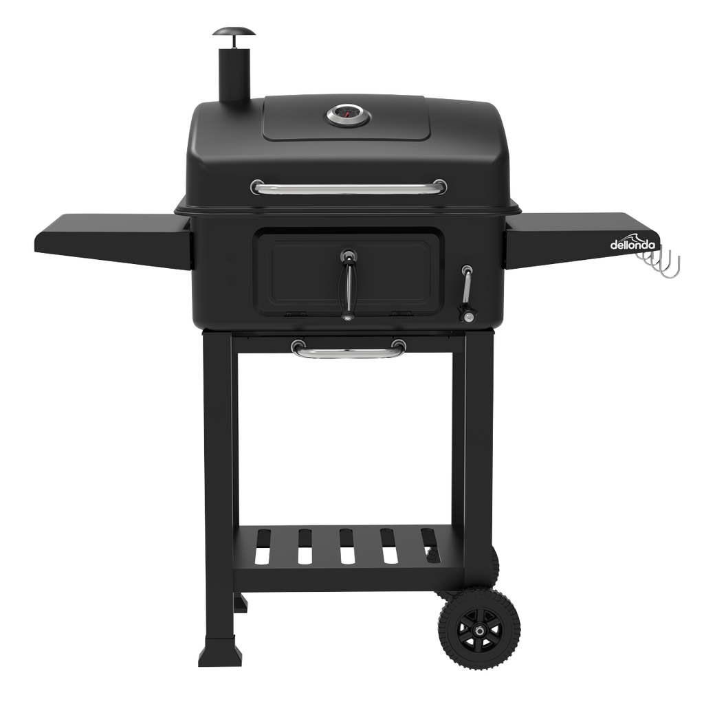 Dellonda Charcoal Grill BBQ Smoker & Trolley with 2 Side Shelves - Black
