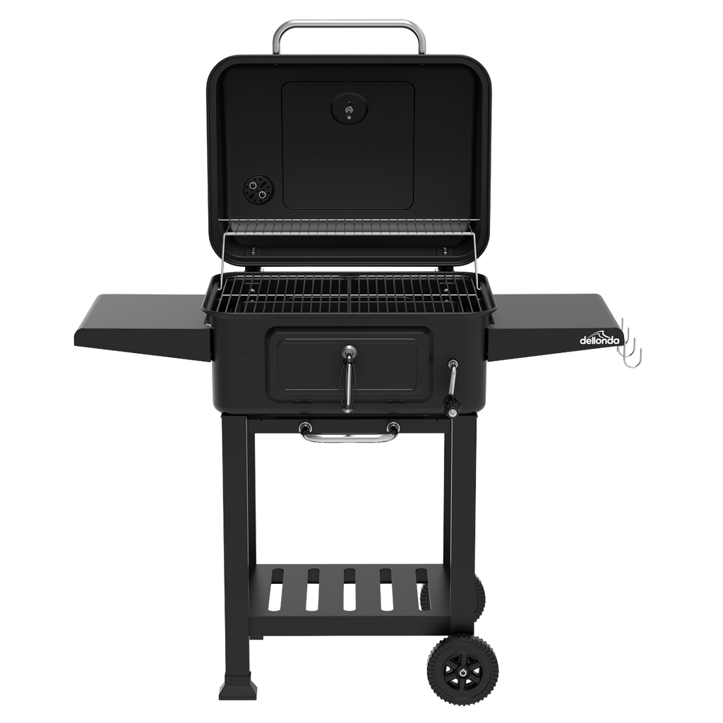 Dellonda Charcoal Grill BBQ Smoker & Trolley with 2 Side Shelves - Black