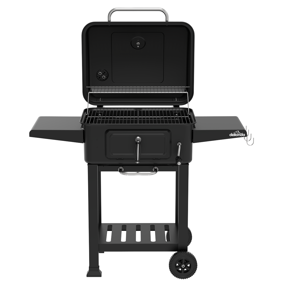 Dellonda Charcoal Grill BBQ Smoker & Trolley with 2 Side Shelves - Black