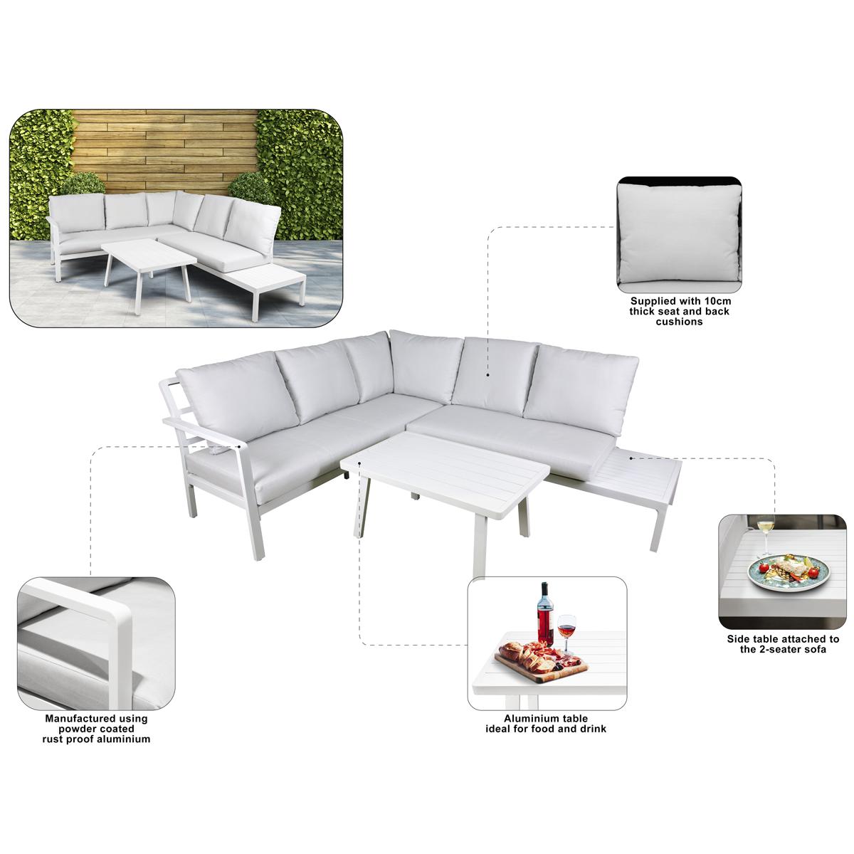 Dellonda Kyoto Aluminium Outdoor Corner Sofa & Coffee Table Set 3pc