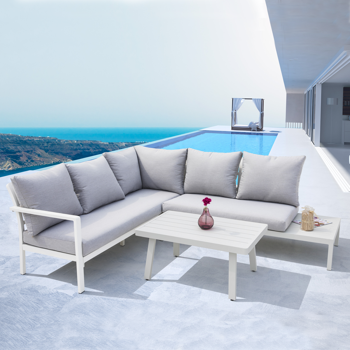 Dellonda Kyoto Aluminium Outdoor Corner Sofa & Coffee Table Set 3pc