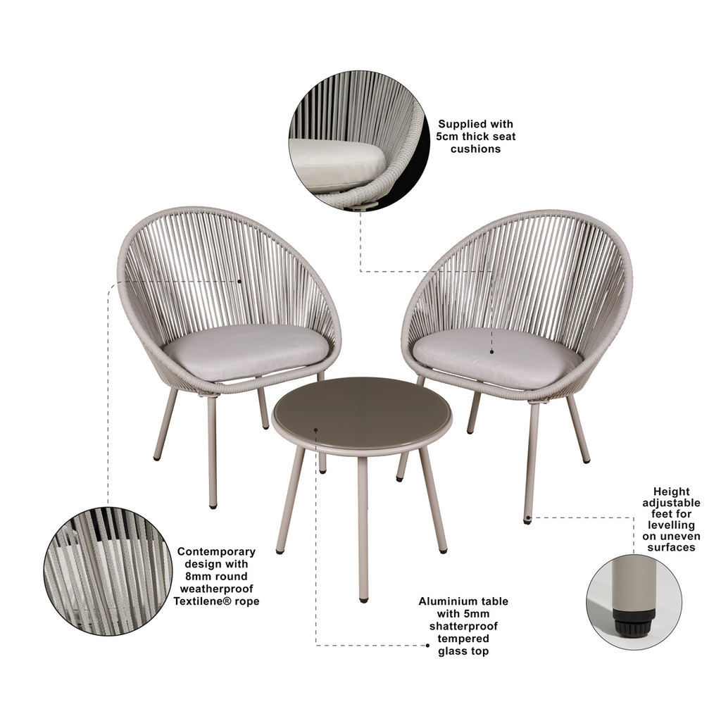 Dellonda Como 3-Piece Steel Bistro Set with Tempered Glass, Grey (DG55)