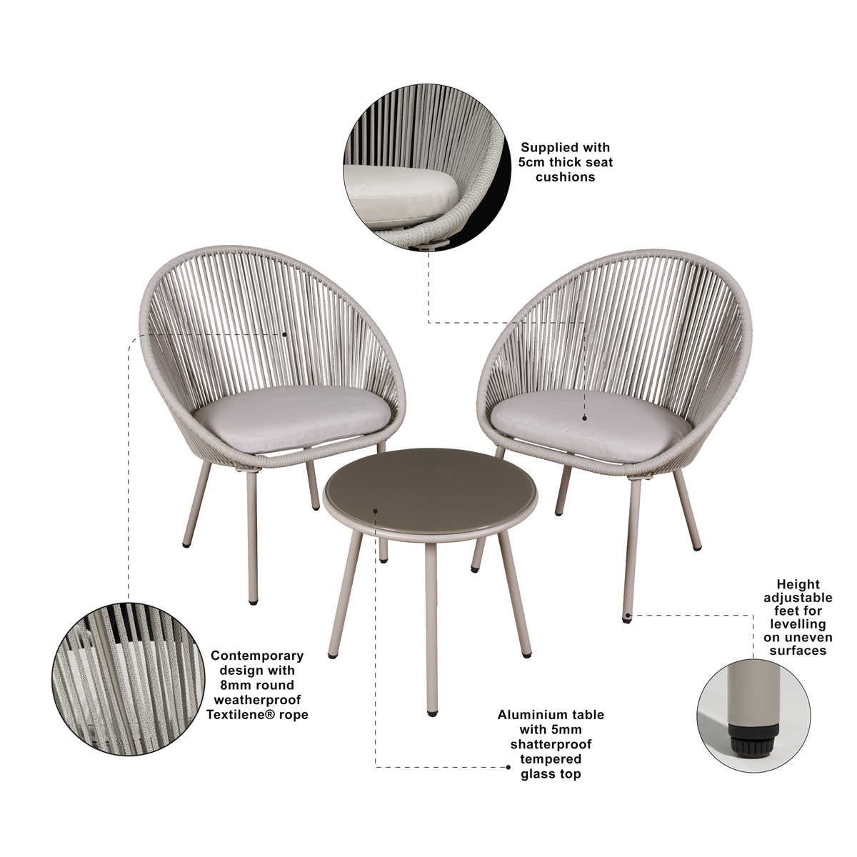 Dellonda Como 3-Piece Steel Bistro Set with Tempered Glass, Grey (DG55)