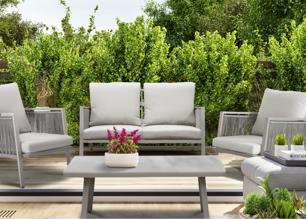 Dellonda DG56 Fusion Aluminium 4 Piece Outdoor Garden Patio Corner Sofa & Coffee Table Set, Light Grey