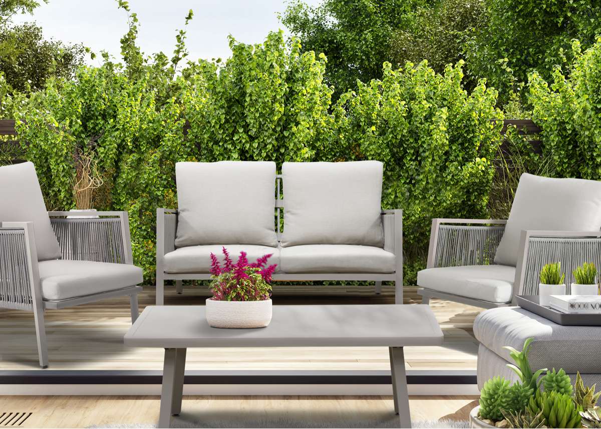 Dellonda DG56 Fusion Aluminium 4 Piece Outdoor Garden Patio Corner Sofa & Coffee Table Set, Light Grey