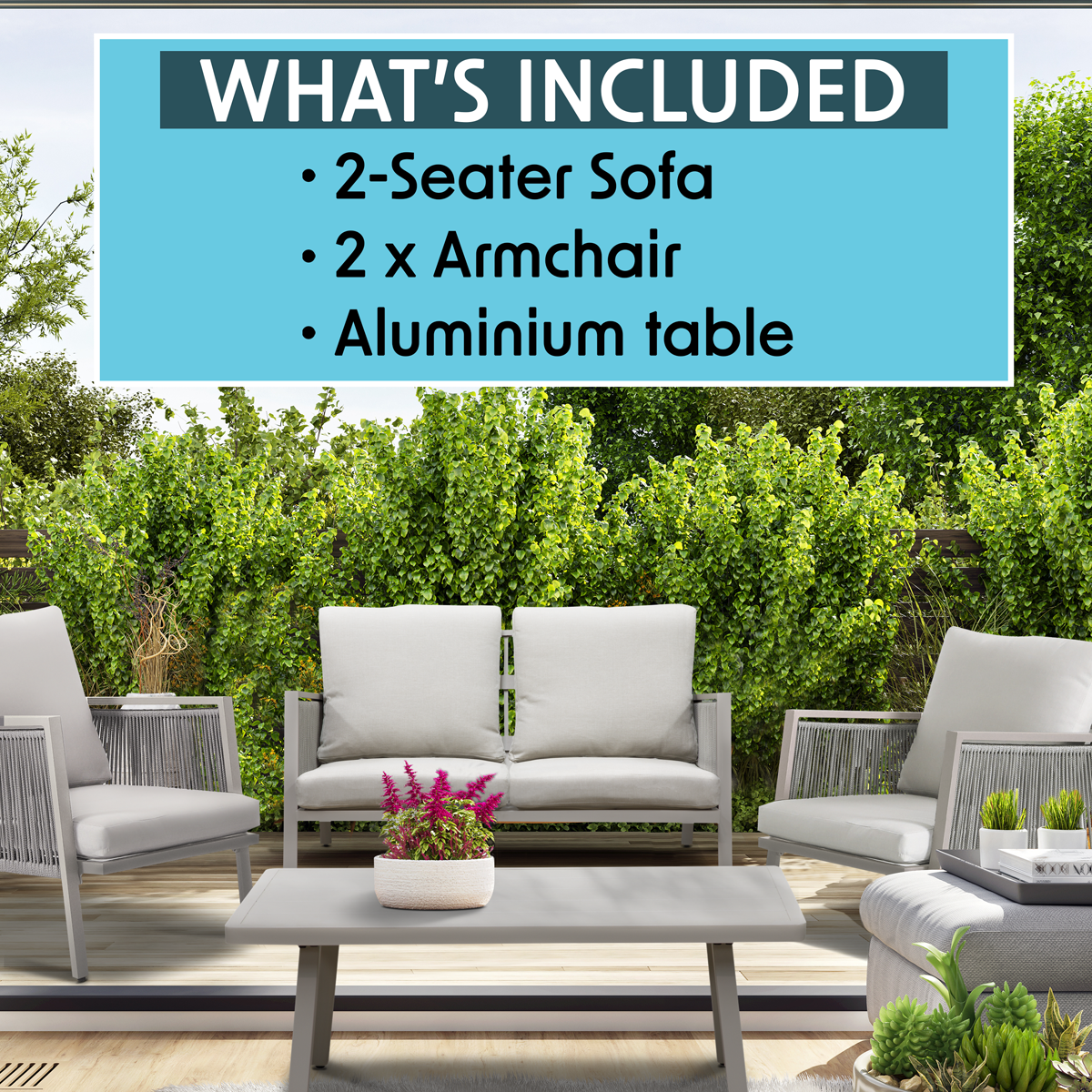 Dellonda Fusion Aluminium Outdoor Sofa, Arm Chairs & Coffee Table Set 4pc