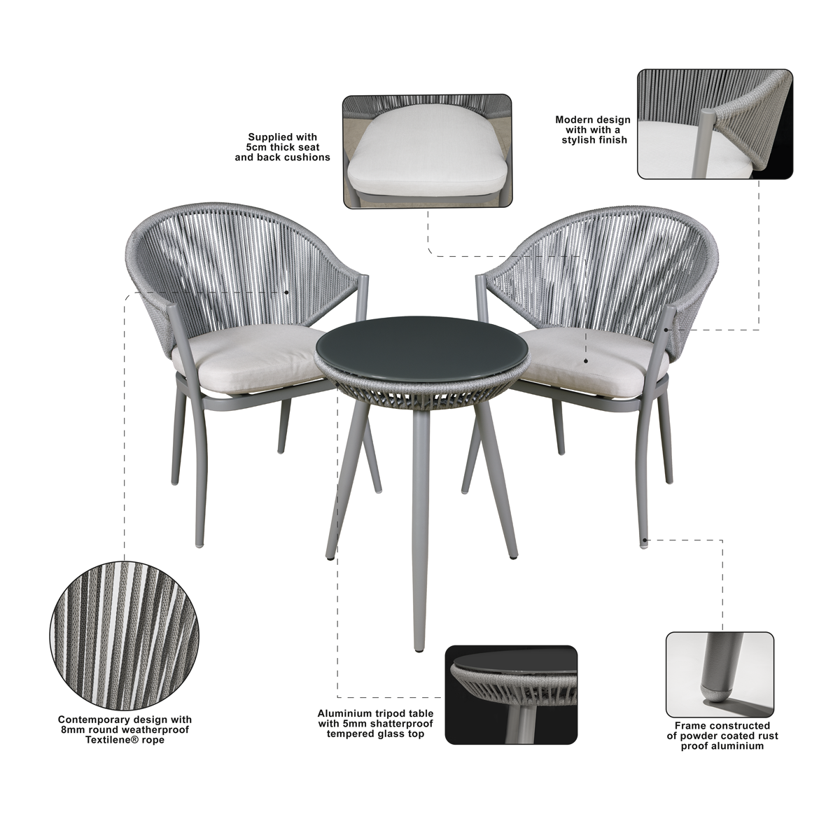Dellonda Echo Aluminium Balcony Set with Tempered Glass Tabletop 3pc