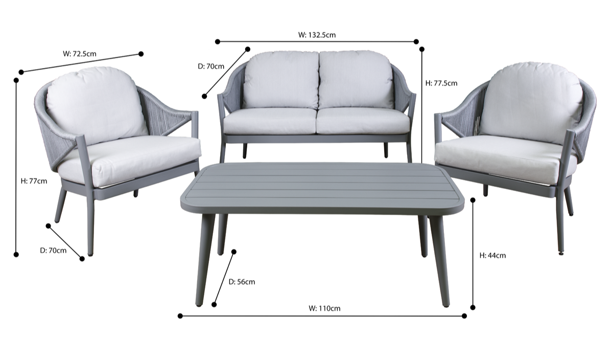 Dellonda DG59 Echo Aluminium 4 Piece Outdoor Garden Patio Sofa, Arm Chairs & Coffee Table Set, Grey