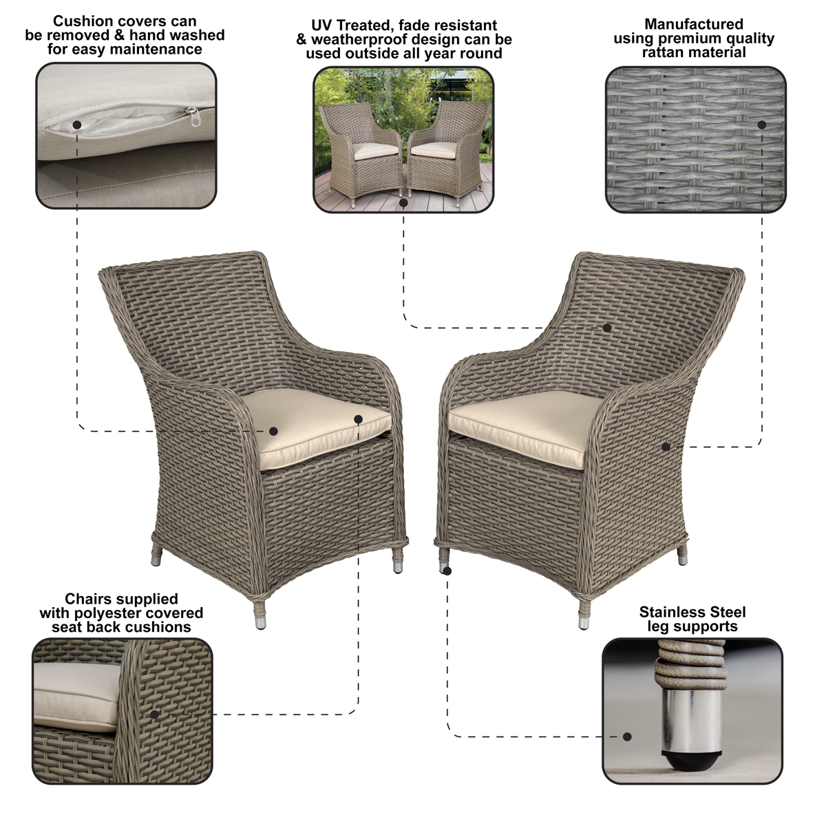 Dellonda Chester Rattan Outdoor Dining Chairs, Set of 2, Brown (DG64)