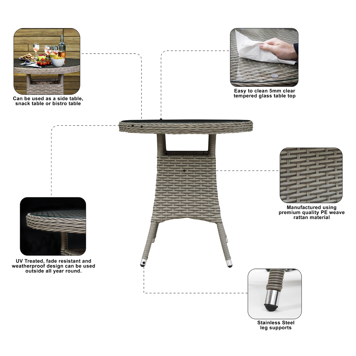 Dellonda Chester Rattan Outdoor Bistro Table with Tempered Glass 70cm, Brown (DG65)
