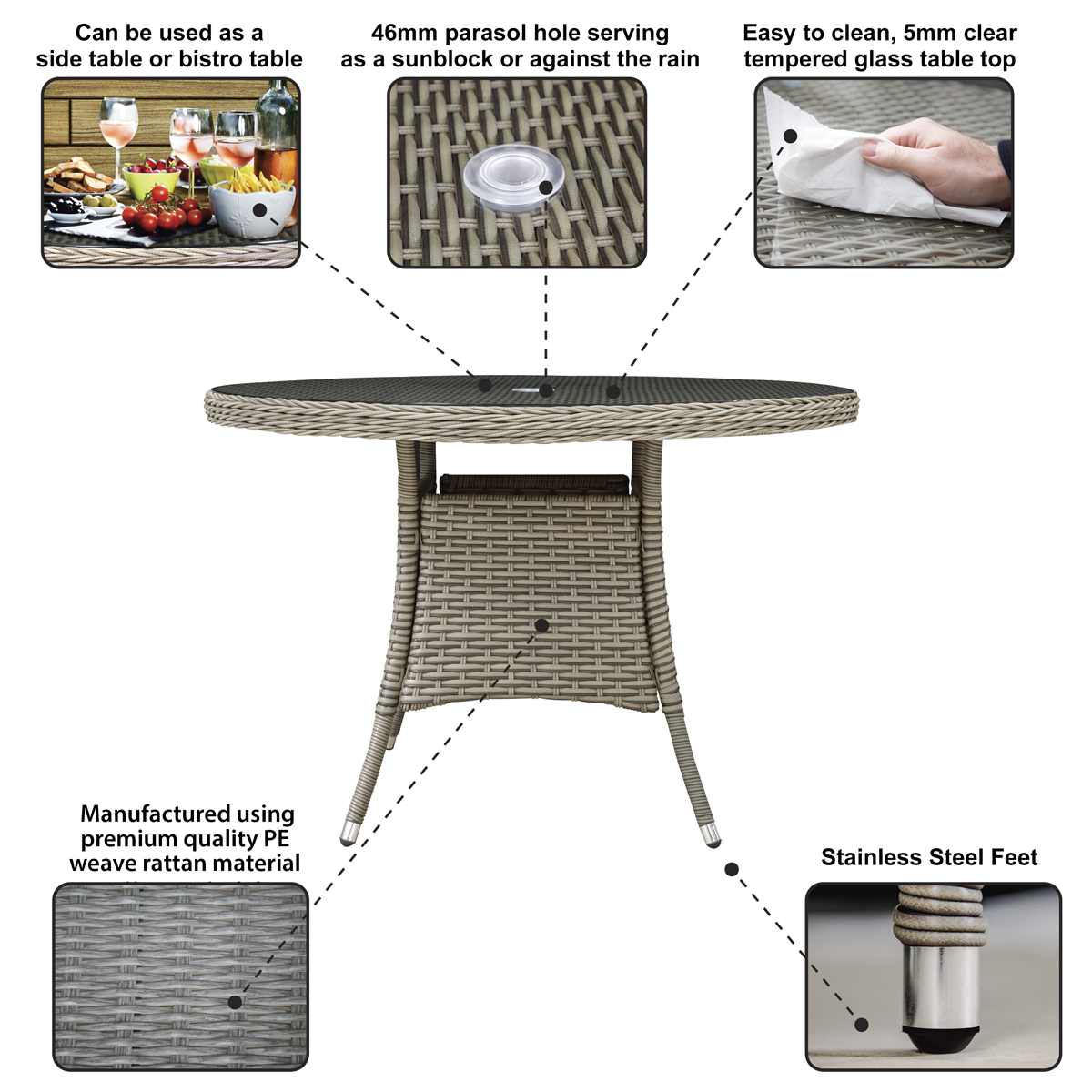 Dellonda Chester Rattan Wicker Round Outdoor Dining Table with Tempered Glass Top