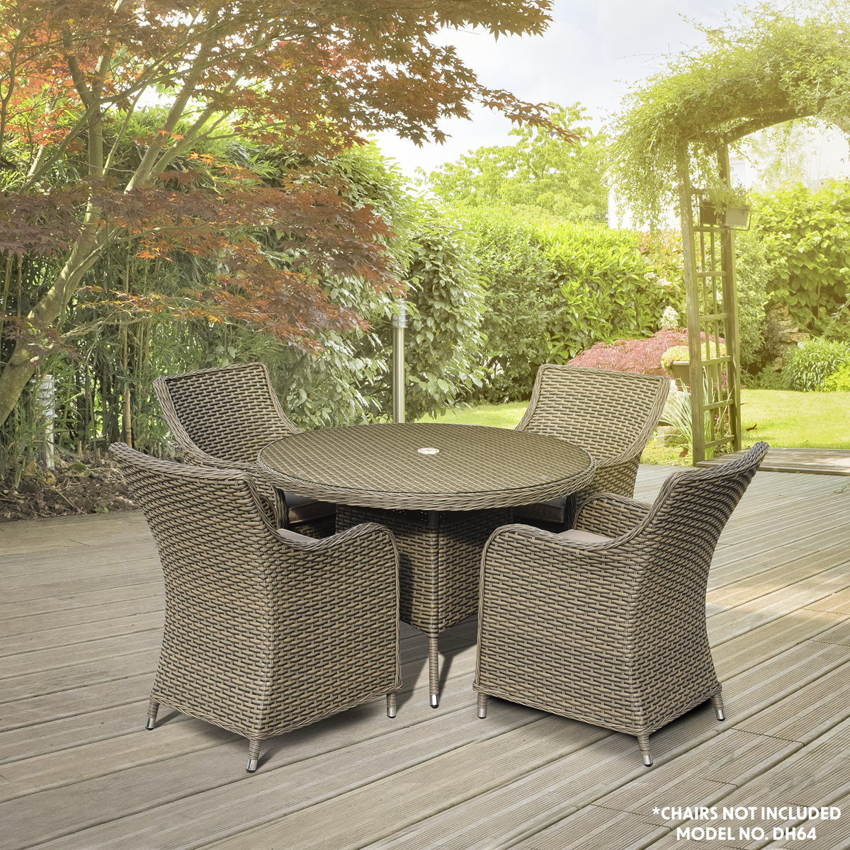 Dellonda Chester Rattan Wicker Round Outdoor Dining Table with Tempered Glass Top