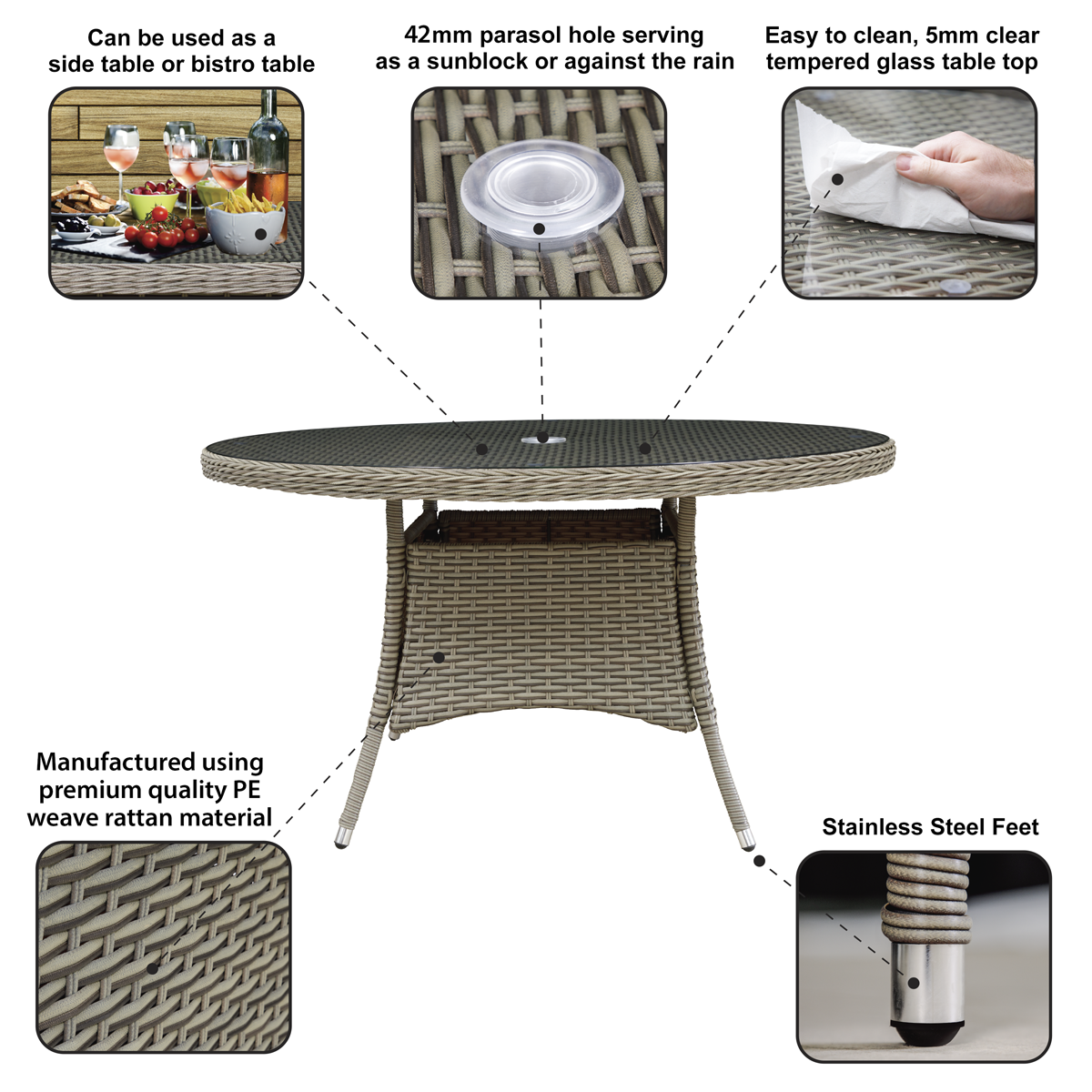 Dellonda Chester Rattan Wicker Round Outdoor Dining Table with Tempered Glass Top
