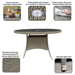 Dellonda Chester Rattan Wicker Round Outdoor Dining Table with Tempered Glass Top