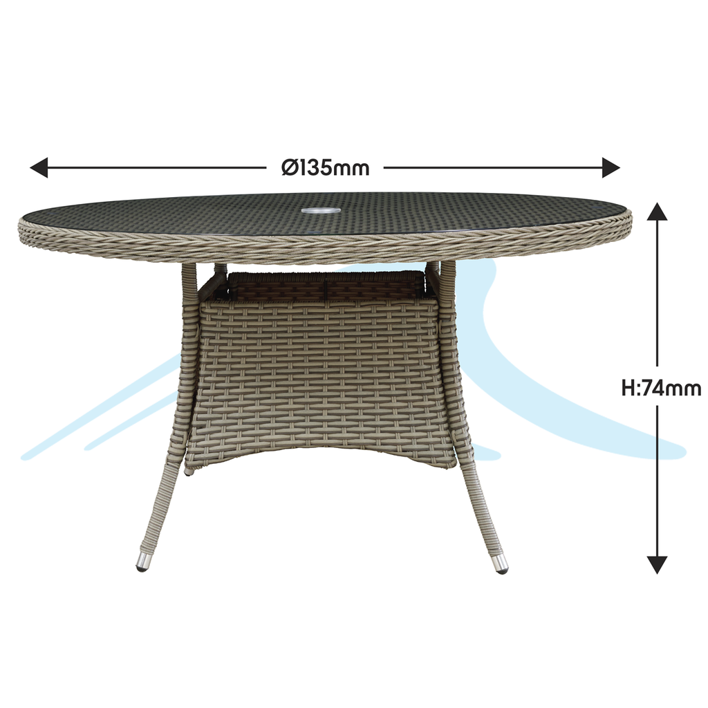 Dellonda Chester Rattan Outdoor Dining Table with Tempered Glass 135cm, Brown (DG67)