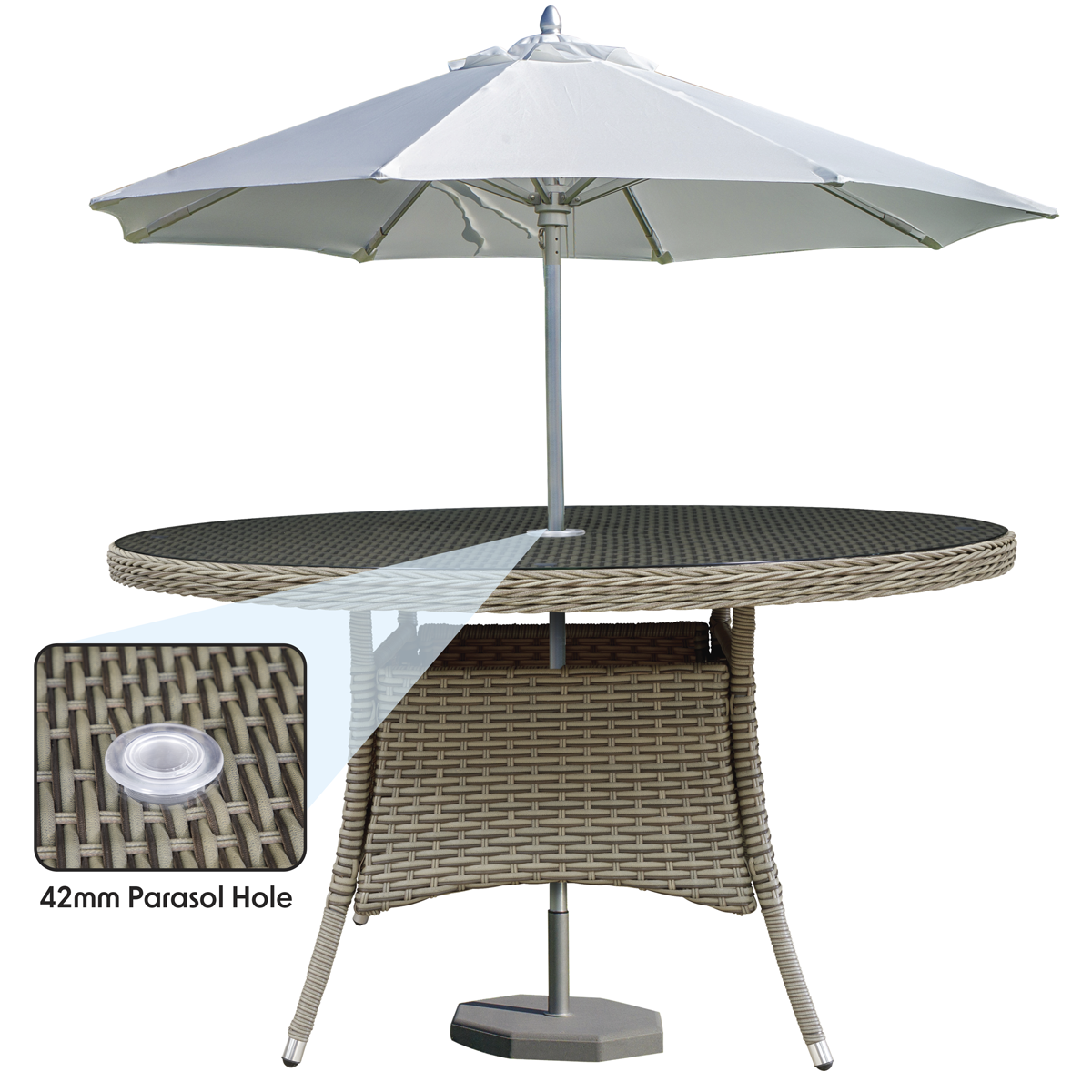 Dellonda Chester Rattan Wicker Round Outdoor Dining Table with Tempered Glass Top