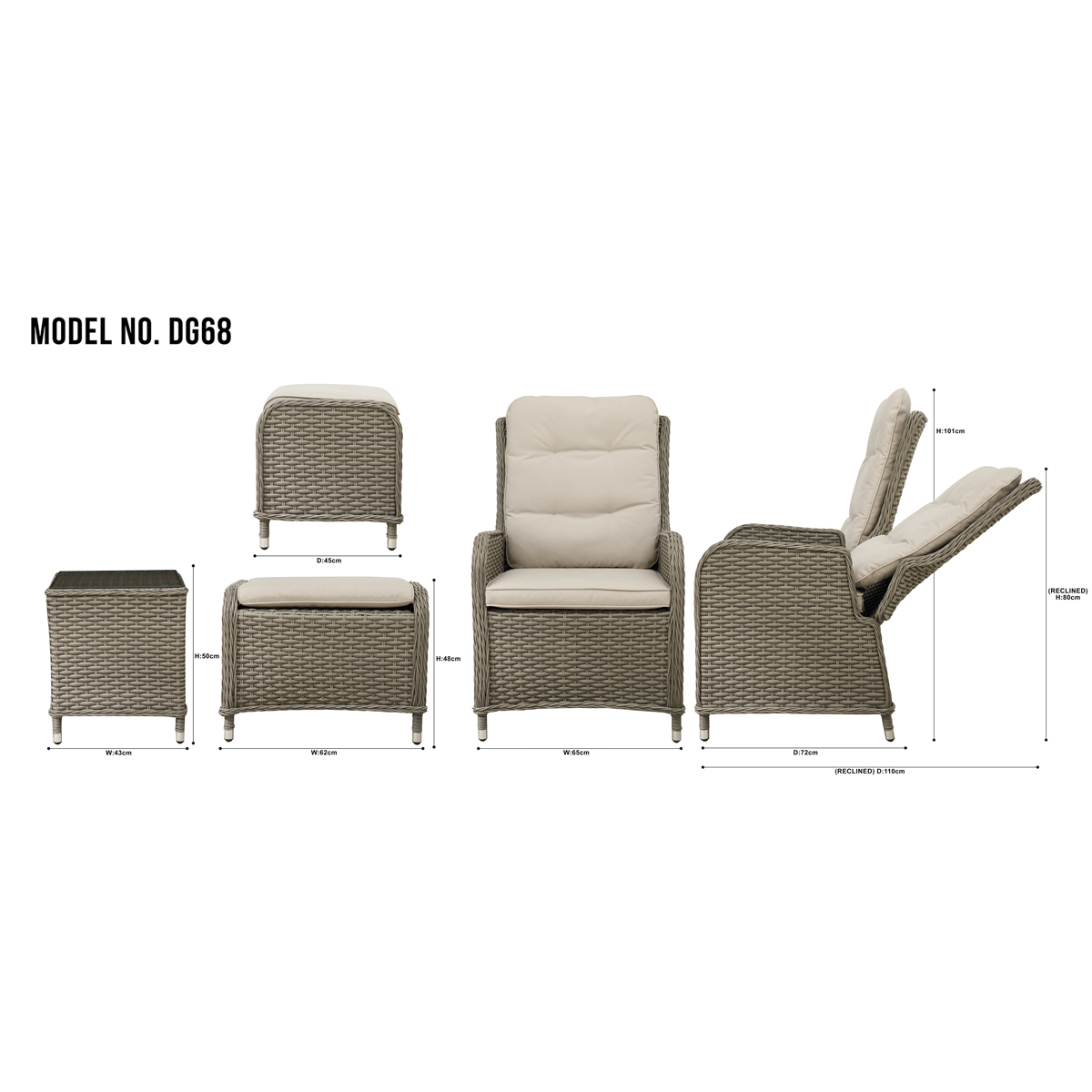 Dellonda Chester Rattan Outdoor Recliner Loungers & Table Set, Brown (DG68)