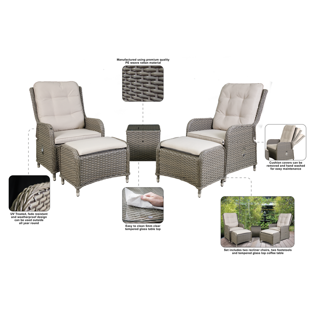 Dellonda Chester Rattan Outdoor Recliner Loungers & Table Set, Brown (DG68)