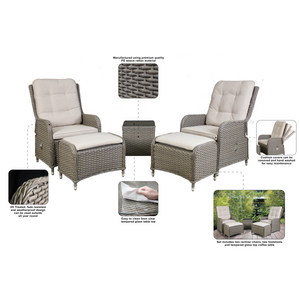 Dellonda Chester Rattan Wicker Outdoor Recliner Loungers & Table Set 5pc