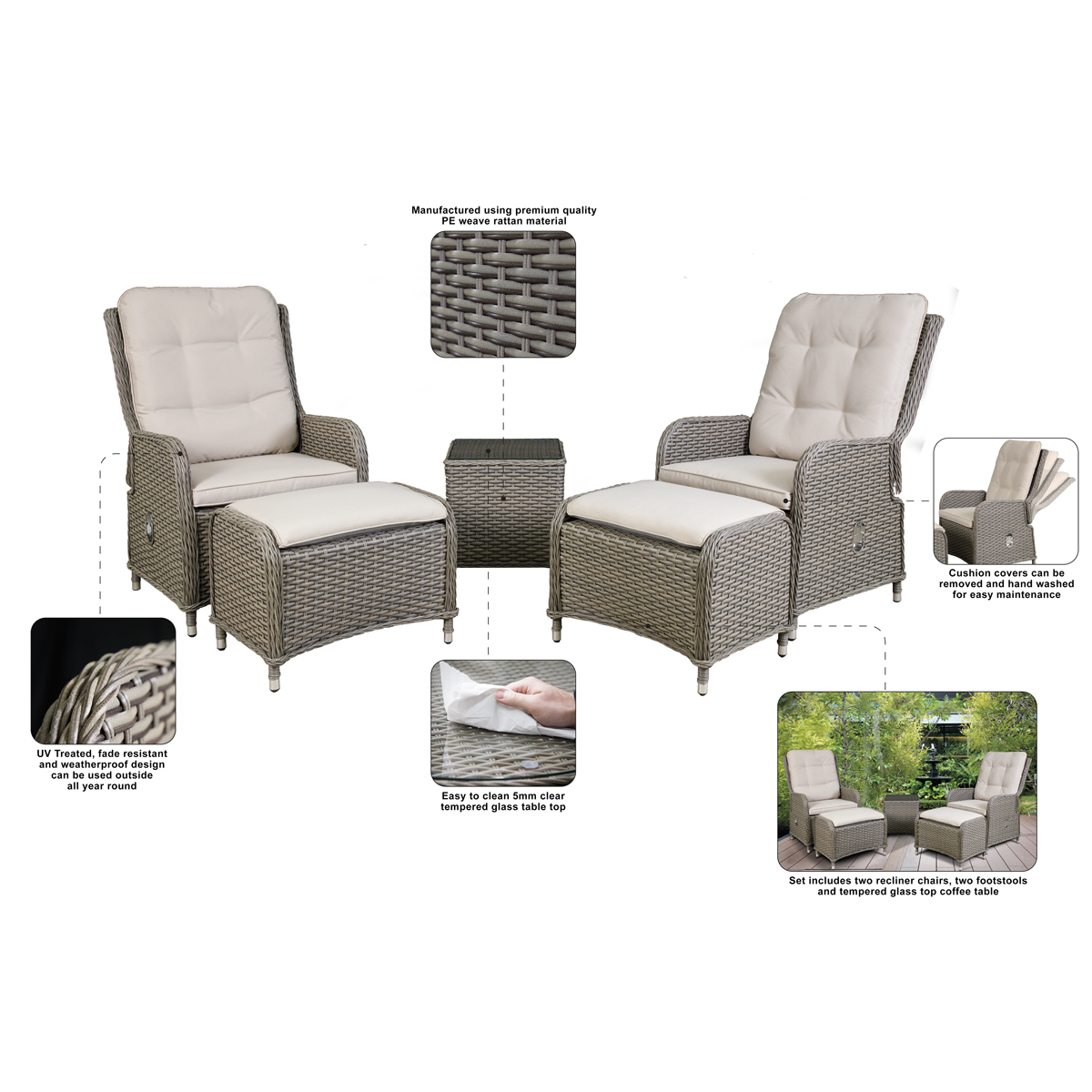 Dellonda Chester Rattan Outdoor Recliner Loungers & Table Set, Brown (DG68)