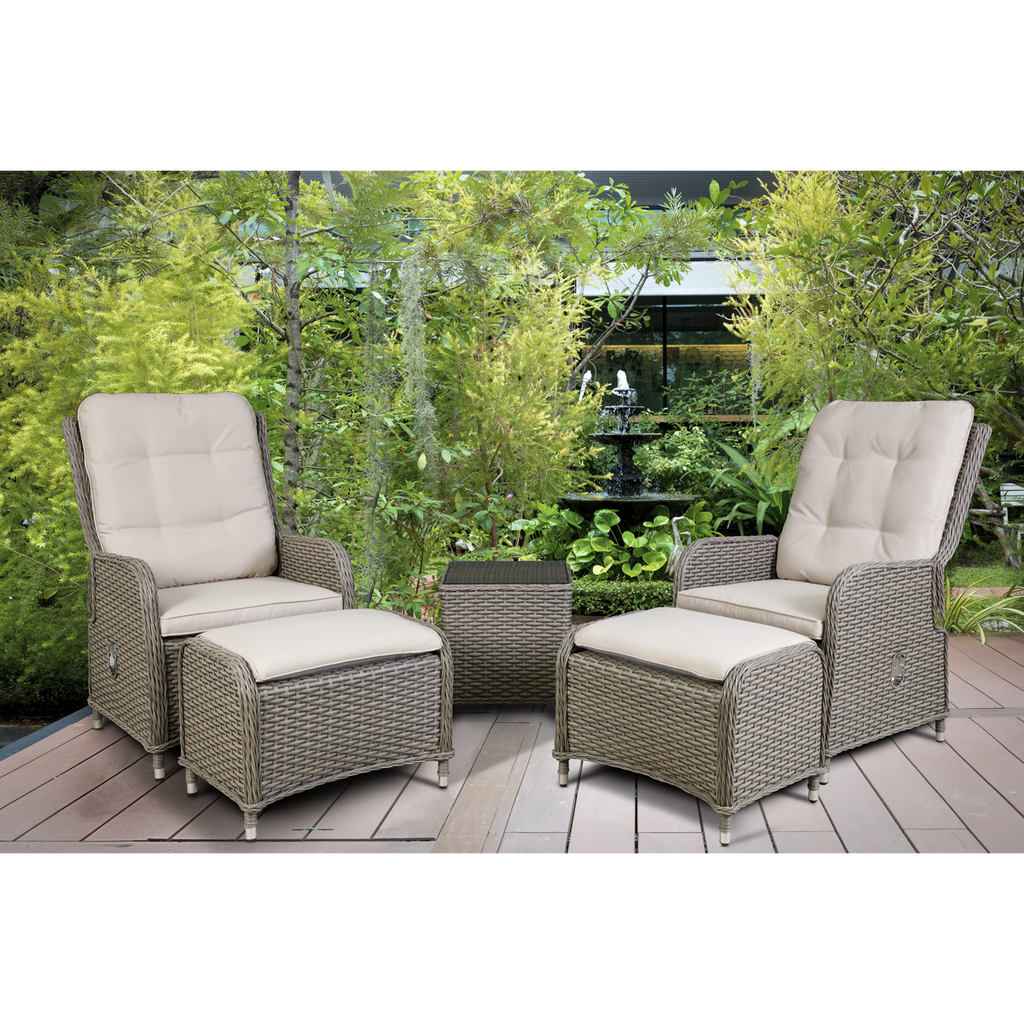 Dellonda Chester Rattan Outdoor Recliner Loungers & Table Set, Brown (DG68)
