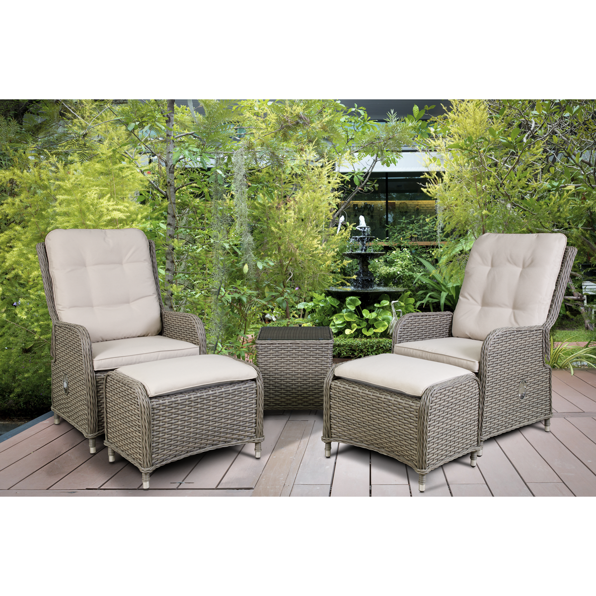 Dellonda Chester Rattan Outdoor Recliner Loungers & Table Set, Brown (DG68)