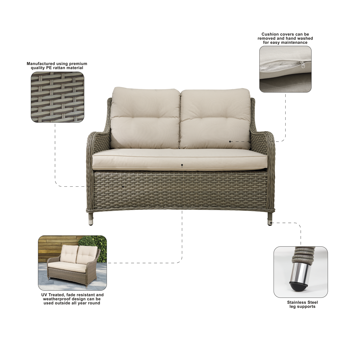 Dellonda Chester Rattan Wicker Outdoor 2-Seater Sofa