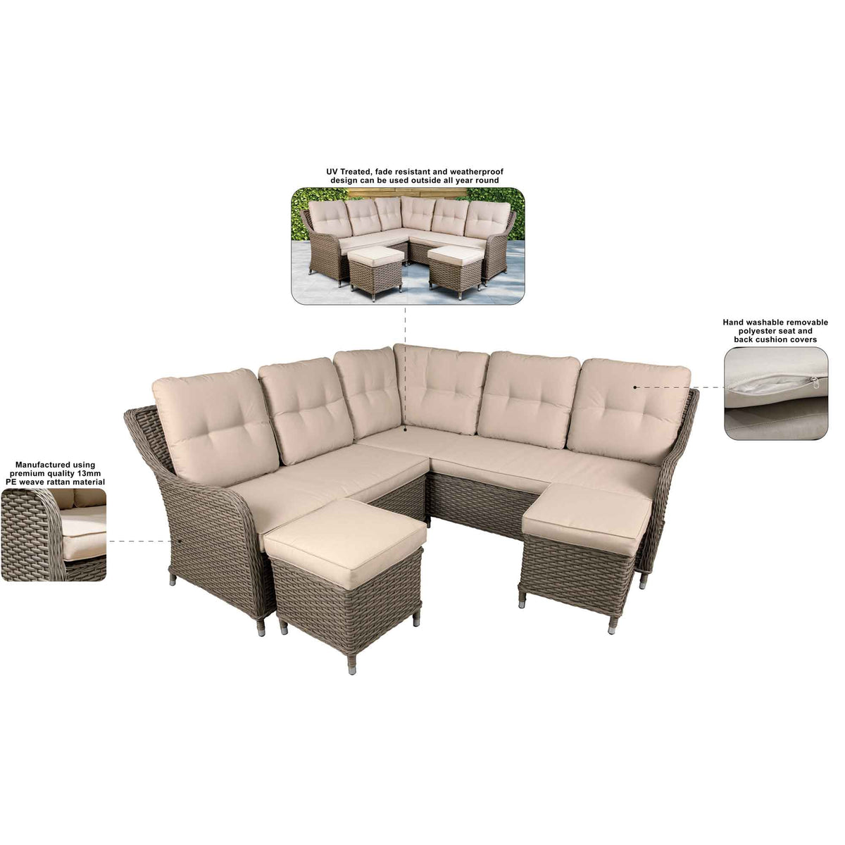 Chester 5-Seater Rattan Outdoor Corner Sofa & Table Set, Brown (DG89)