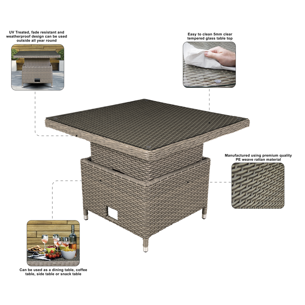 Dellonda Chester Rattan Adjustable Outdoor Dining Table with Tempered Glass, Brown (DG73)