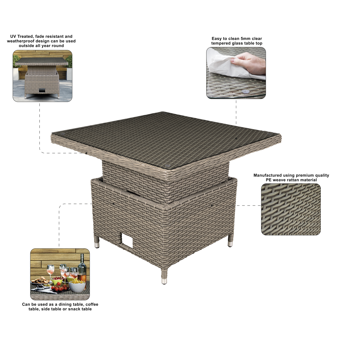Dellonda Chester Rattan Adjustable Outdoor Dining Table with Tempered Glass, Brown (DG73)